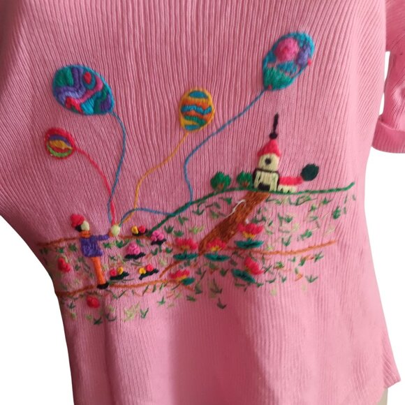 Vintage 70's Top Large Pink Embroidered Balloon Village Scene Boho Disco Hippy - Picture 3 of 8